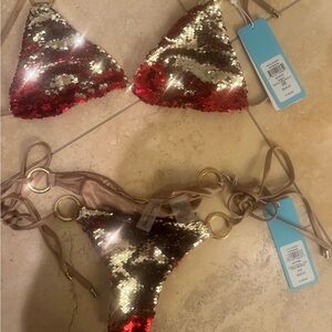 Sequin Bikini Set with Red and Gold Accents